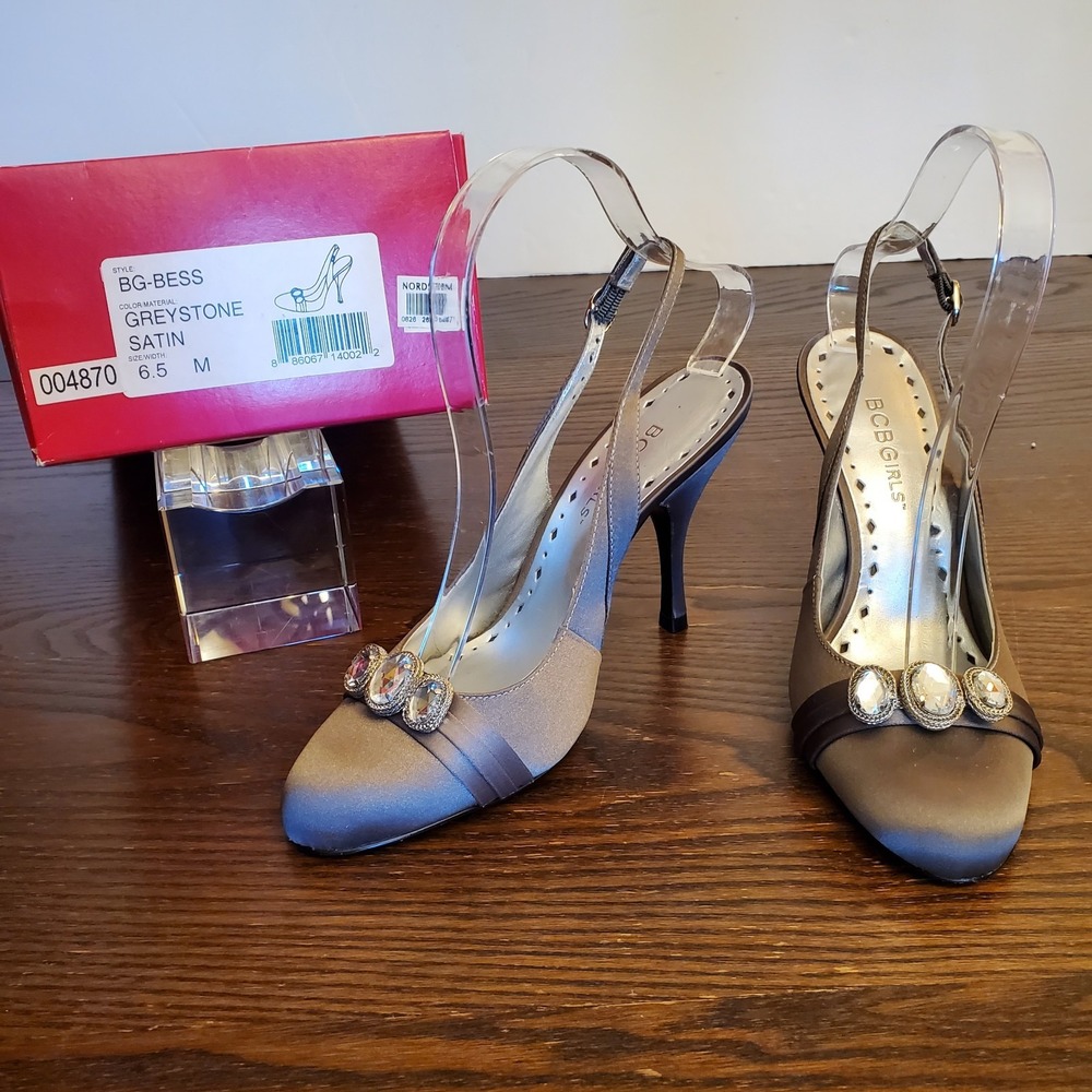 BCBGIRLS Greystone Satin‎ Slingback Heels Womens Size 6.5M 3 Lg Rhinestones